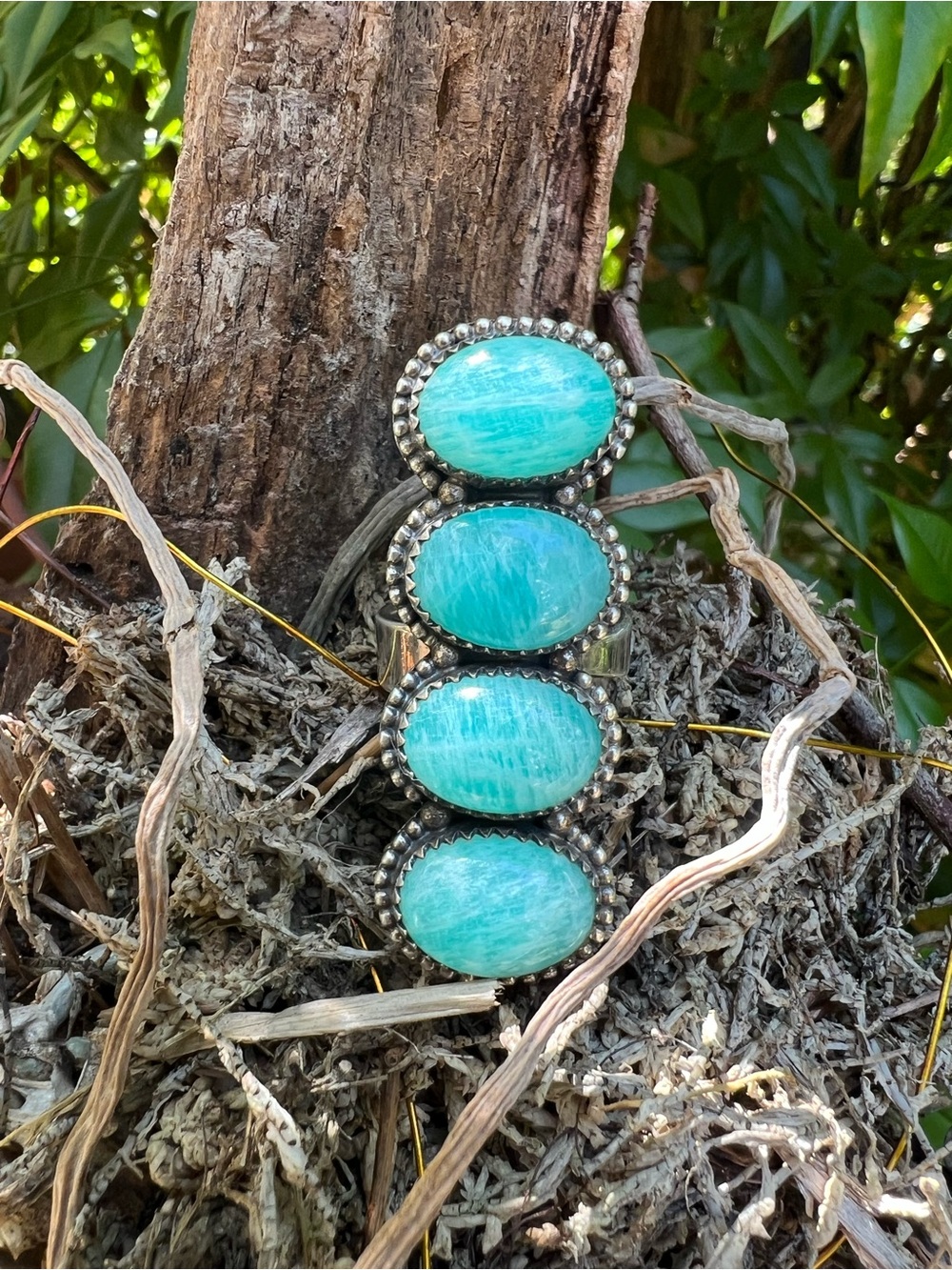 Amazonite 925 Sterling Silver 4-Stone Statement Ring Size 8.5 Artisan